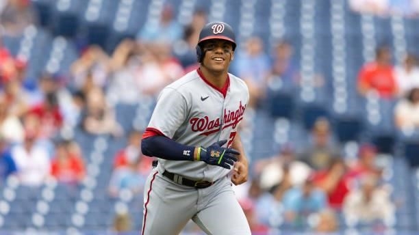 Juan Soto of the Washington Nationals looks on against the Philadelphia Phillies during Game One of the doubleheader at Citizens Bank Park on July...