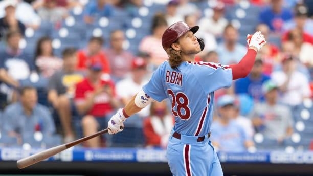 Alec Bohm of the Philadelphia Phillies bats against the Washington Nationals during Game One of the doubleheader at Citizens Bank Park on July 29,...
