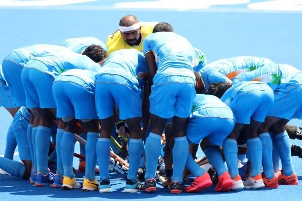 Team India huddles up prior to the Men's Semifinal match between India and Belgium on day eleven of the Tokyo 2020 Olympic Games at Oi Hockey Stadium...