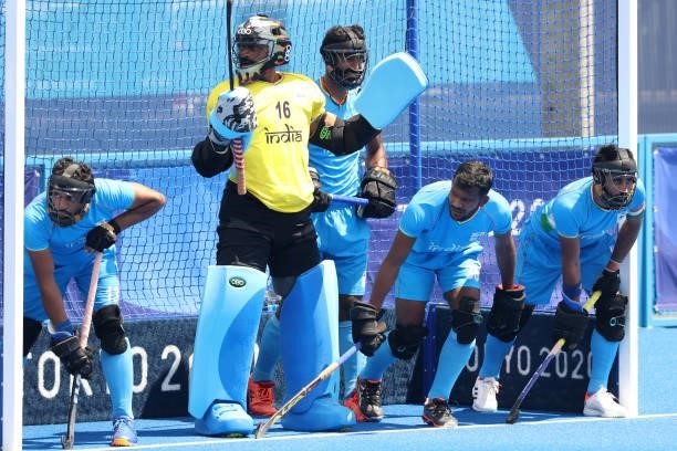Sreejesh Parattu Raveendran and teammates defend the goal during the Men's Semifinal match between India and Belgium on day eleven of the Tokyo 2020...