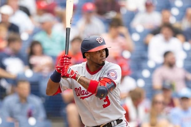 Alcides Escobar of the Washington Nationals bats against the Philadelphia Phillies during Game One of the doubleheader at Citizens Bank Park on July...
