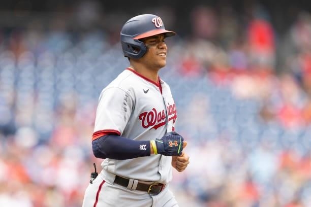 Juan Soto of the Washington Nationals makes his way to first base against the Philadelphia Phillies during Game One of the doubleheader at Citizens...