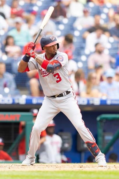 Alcides Escobar of the Washington Nationals bats against the Philadelphia Phillies during Game One of the doubleheader at Citizens Bank Park on July...