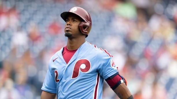 Jean Segura of the Philadelphia Phillies looks on against the Washington Nationals during Game One of the doubleheader at Citizens Bank Park on July...