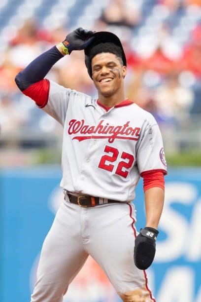 Juan Soto of the Washington Nationals reacts against the Philadelphia Phillies during Game One of the doubleheader at Citizens Bank Park on July 29,...