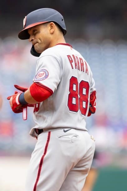 Gerardo Parra of the Washington Nationals looks on against the Philadelphia Phillies during Game One of the doubleheader at Citizens Bank Park on...