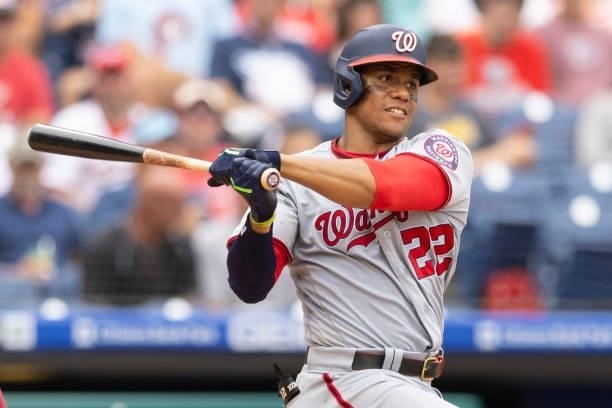 Juan Soto of the Washington Nationals bats against the Philadelphia Phillies during Game One of the doubleheader at Citizens Bank Park on July 29,...