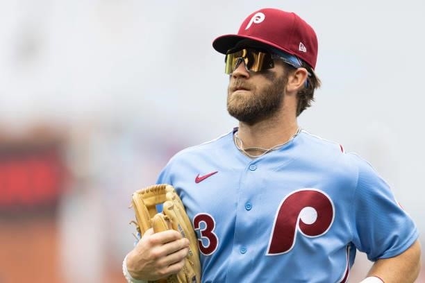 Bryce Harper of the Philadelphia Phillies looks on against the Washington Nationals during Game One of the doubleheader at Citizens Bank Park on July...