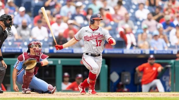 Andrew Stevenson of the Washington Nationals bats against the Philadelphia Phillies during Game One of the doubleheader at Citizens Bank Park on July...