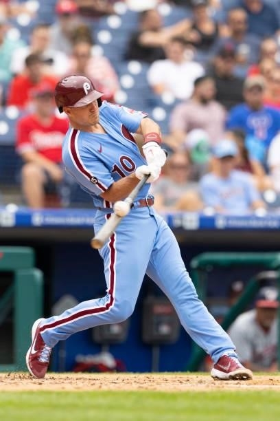 Realmuto of the Philadelphia Phillies bats against the Washington Nationals during Game One of the doubleheader at Citizens Bank Park on July 29,...