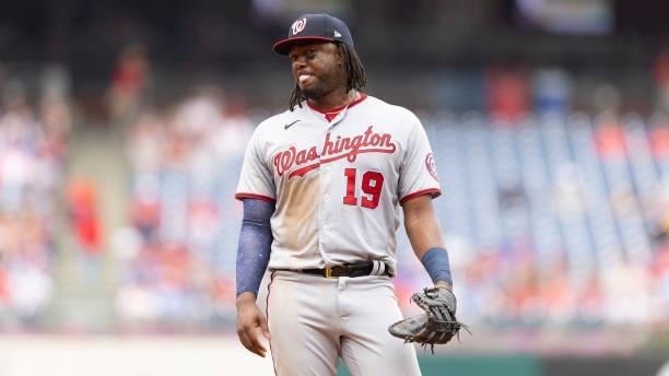 Josh Bell of the Washington Nationals looks on against the Philadelphia Phillies during Game One of the doubleheader at Citizens Bank Park on July...