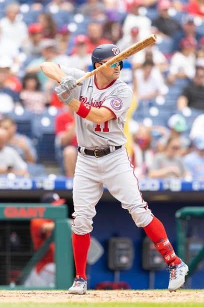 Ryan Zimmerman of the Washington Nationals bats against the Philadelphia Phillies during Game One of the doubleheader at Citizens Bank Park on July...