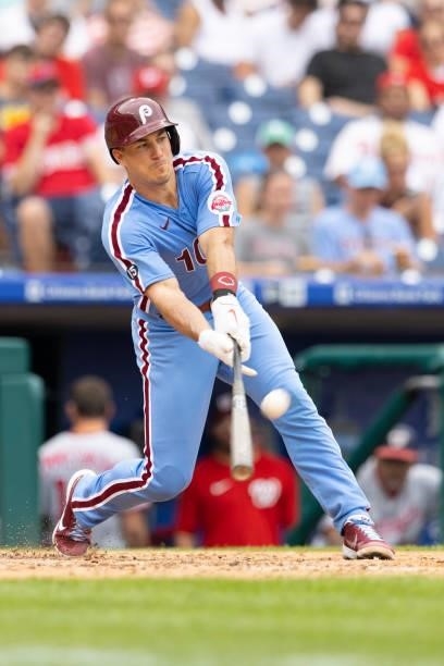 Realmuto of the Philadelphia Phillies bats against the Washington Nationals during Game One of the doubleheader at Citizens Bank Park on July 29,...