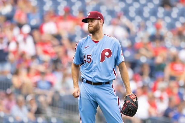 Zack Wheeler of the Philadelphia Phillies reacts against the Washington Nationals during Game One of the doubleheader at Citizens Bank Park on July...