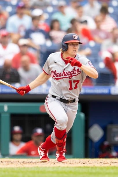 Andrew Stevenson of the Washington Nationals bats against the Philadelphia Phillies during Game One of the doubleheader at Citizens Bank Park on July...