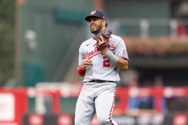 Luis Garcia of the Washington Nationals looks on against the Philadelphia Phillies during Game One of the doubleheader at Citizens Bank Park on July...