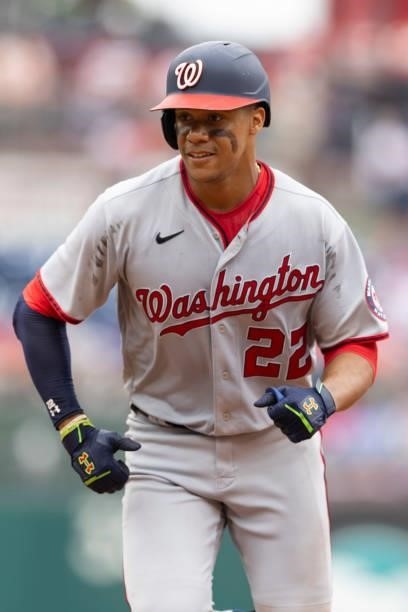 Juan Soto of the Washington Nationals makes his way back to first base against the Philadelphia Phillies during Game One of the doubleheader at...