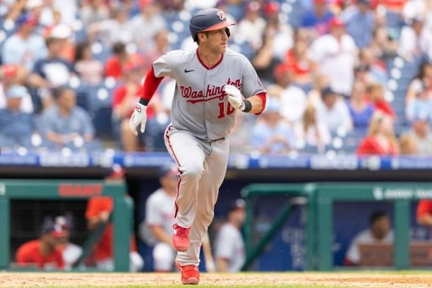Yan Gomes of the Washington Nationals makes his way to first base against the Philadelphia Phillies during Game One of the doubleheader at Citizens...