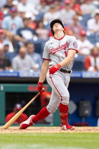Andrew Stevenson of the Washington Nationals reacts against the Philadelphia Phillies during Game One of the doubleheader at Citizens Bank Park on...