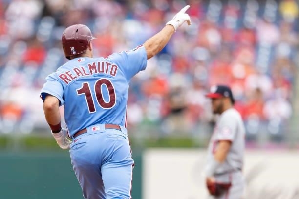 Realmuto of the Philadelphia Phillies reacts after hitting a solo home run in the bottom of the fourth inning against the Washington Nationals during...