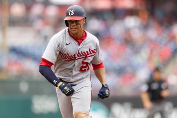 Juan Soto of the Washington Nationals makes his way back to first base against the Philadelphia Phillies during Game One of the doubleheader at...