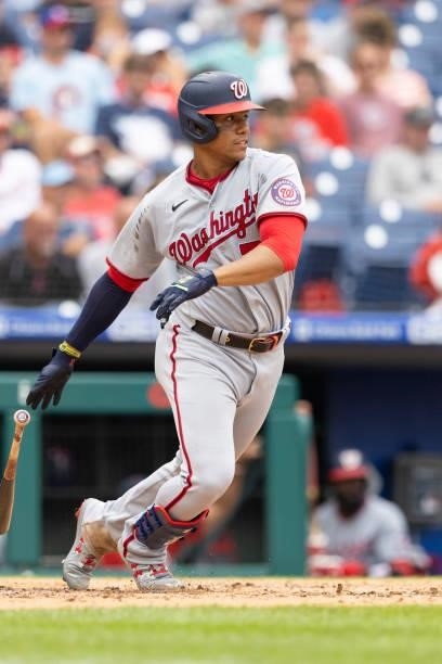 Juan Soto of the Washington Nationals bats against the Philadelphia Phillies during Game One of the doubleheader at Citizens Bank Park on July 29,...
