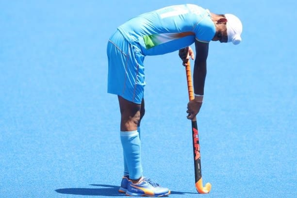 Mandeep Singh of Team India reacts after the Men's Semifinal match between India and Belgium on day eleven of the Tokyo 2020 Olympic Games at Oi...