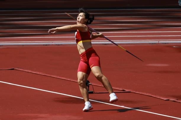 Lyu Huihui of China competes in the Women's Javelin Throw Qualification on day eleven of the Tokyo 2020 Olympic Games at Olympic Stadium on August 3,...