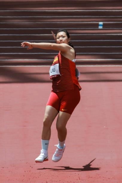 Liu Shiying of China competes in the Women's Javelin Throw Qualification on day eleven of the Tokyo 2020 Olympic Games at Olympic Stadium on August...