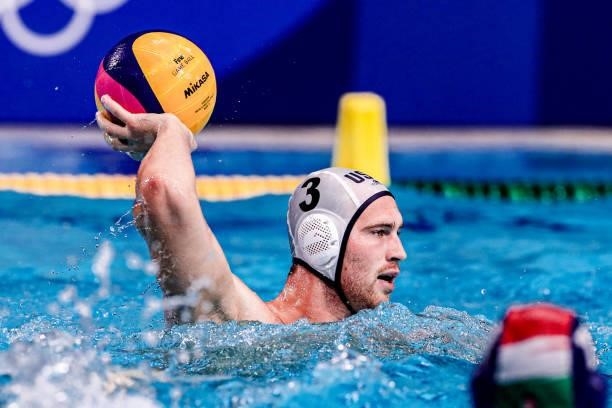 Marko Vavic of United States during the Tokyo 2020 Olympic Waterpolo Tournament Men match between Team United States and Team Hungary at Tatsumi...