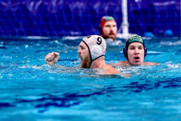 Balasz Erdelyi of Hungary, Daniel Angyal of Hungary during the Tokyo 2020 Olympic Waterpolo Tournament Men match between Team United States and Team...