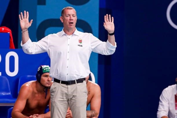 Head Coach Tamas Marcz of Hungary during the Tokyo 2020 Olympic Waterpolo Tournament Men match between Team United States and Team Hungary at Tatsumi...