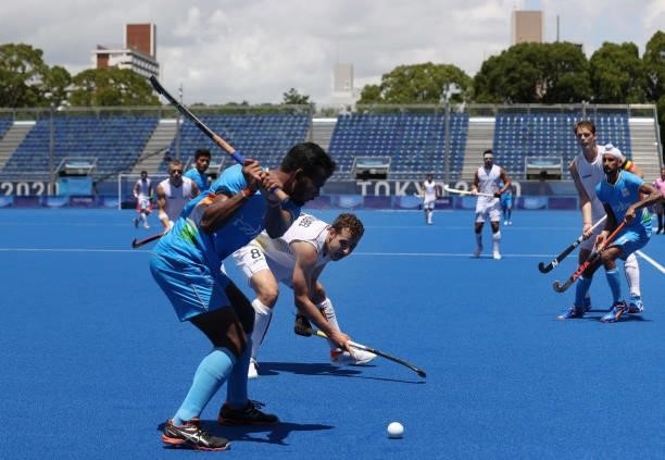General view of play on the field during the Men's Semifinal match between India and Belgium on day eleven of the Tokyo 2020 Olympic Games at Oi...
