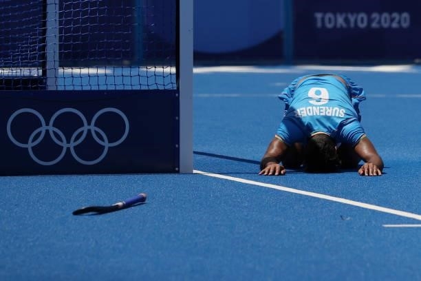 Surender Kumar of Team India reacts during the Men's Semifinal match between India and Belgium on day eleven of the Tokyo 2020 Olympic Games at Oi...