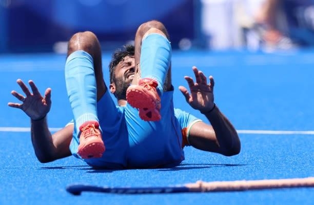 Surender Kumar of Team India reacts after the Men's Semifinal match between India and Belgium on day eleven of the Tokyo 2020 Olympic Games at Oi...