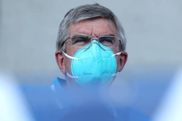 President Thomas Bach looks on during the Men's Semifinal match between India and Belgium on day eleven of the Tokyo 2020 Olympic Games at Oi Hockey...