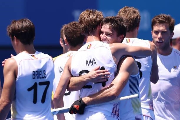 Antoine Sylvain T Kina of Team Belgium celebrates the win with teammates after the Men's Semifinal match between India and Belgium on day eleven of...