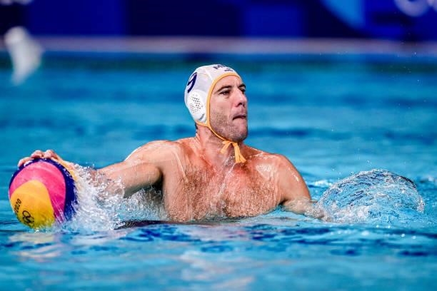 Aleksandar Ivovic of Montenegro during the Tokyo 2020 Olympic Waterpolo Tournament Men match between Team Montenegro and Team Kazakhstan at Tatsumi...