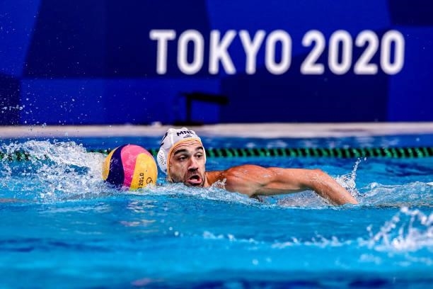Drasko Brguljan of Montenegro during the Tokyo 2020 Olympic Waterpolo Tournament Men match between Team Montenegro and Team Kazakhstan at Tatsumi...