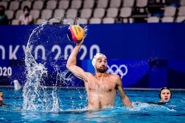 Drasko Brguljan of Montenegro during the Tokyo 2020 Olympic Waterpolo Tournament Men match between Team Montenegro and Team Kazakhstan at Tatsumi...