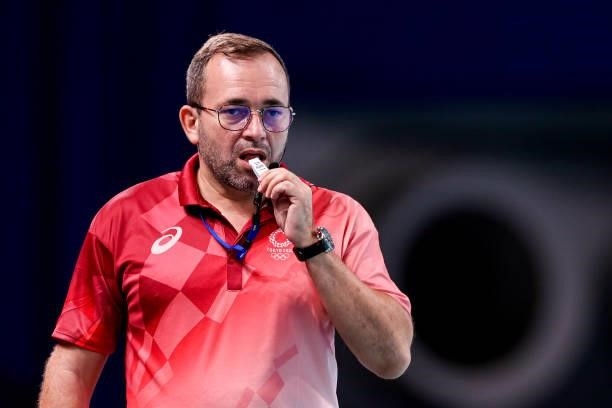 Referee Adrian Alexandrescu during the Tokyo 2020 Olympic Waterpolo Tournament Men match between Team Australia and Team Spain at Tatsumi Waterpolo...