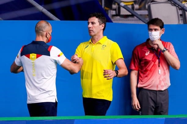 Head Coach David Martin of Spain, Head Coach Elvis Fatovic of Australia during the Tokyo 2020 Olympic Waterpolo Tournament Men match between Team...