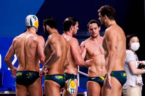 Team Australia disappointed after defeat during the Tokyo 2020 Olympic Waterpolo Tournament Men match between Team Australia and Team Spain at...