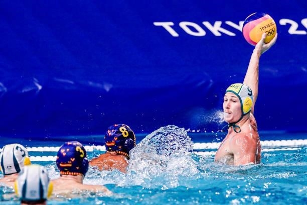 Andrew Ford of Australia during the Tokyo 2020 Olympic Waterpolo Tournament Men match between Team Australia and Team Spain at Tatsumi Waterpolo...