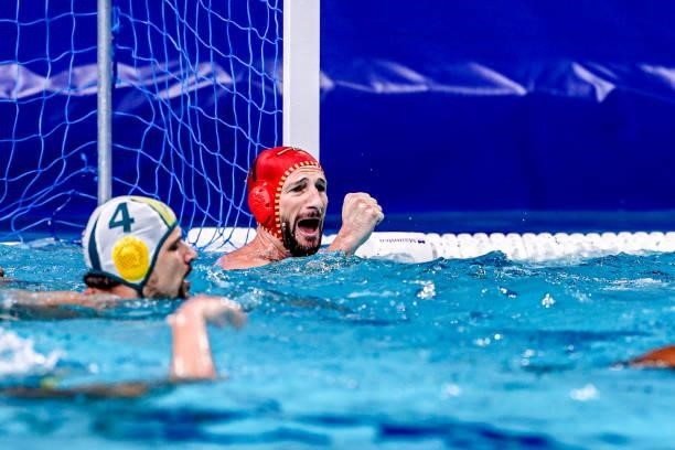 Daniel Lopez Pinedo of Spain celebrating during the Tokyo 2020 Olympic Waterpolo Tournament Men match between Team Australia and Team Spain at...