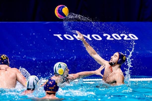Goran Tomasevic of Australia, Marc Larumbe of Spain during the Tokyo 2020 Olympic Waterpolo Tournament Men match between Team Australia and Team...