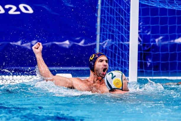 Felipe Perrone of Spain celebrating during the Tokyo 2020 Olympic Waterpolo Tournament Men match between Team Australia and Team Spain at Tatsumi...
