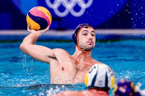 Alberto Munarriz of Spain during the Tokyo 2020 Olympic Waterpolo Tournament Men match between Team Australia and Team Spain at Tatsumi Waterpolo...