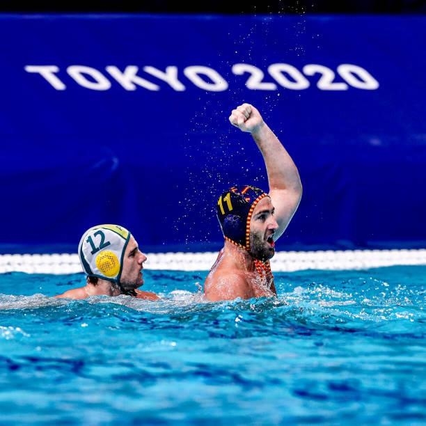 Blake Edwards of Australia, Blai Mallarach of Spain during the Tokyo 2020 Olympic Waterpolo Tournament Men match between Team Australia and Team...