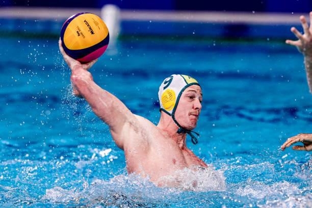 Andrew Ford of Australia during the Tokyo 2020 Olympic Waterpolo Tournament Men match between Team Australia and Team Spain at Tatsumi Waterpolo...